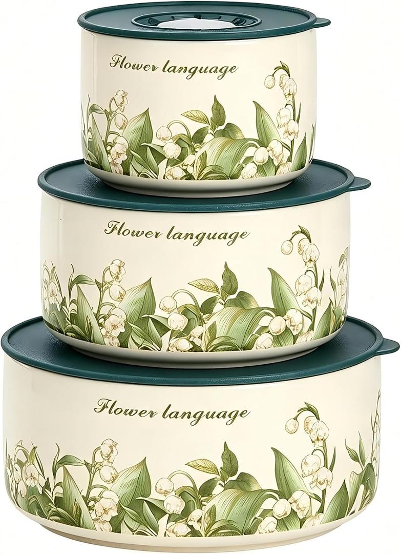 Food Storage Containers with Lids, 4"/ 5"/ 6" Nesting Bowls Set, Serving Bowls with Lids Set, Pasta Ceramic Bowls Set Decorative Bowl for Soup, Cereal, Microwave and Oven Safe (Lily of Valley)