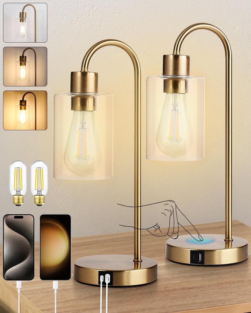 Bedside Lamps Set of 2, Gold Touch Table Lamp with USB C+A Ports, 3 Way Dimmable Bedroom Lamps with Glass Shade, Brass Nightstand Lamp for Bedroom Living Room, 2 LED Bulbs Included