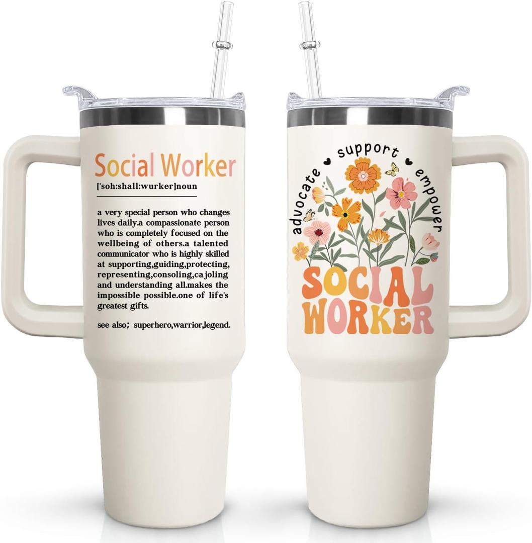 Ceovfoi Social Worker Tumbler with Handle Lid and Straw,40 Oz Social Worker Tumbler Water Bottle Travel Coffee Cup Mug,Social Workerr Gifts for Women