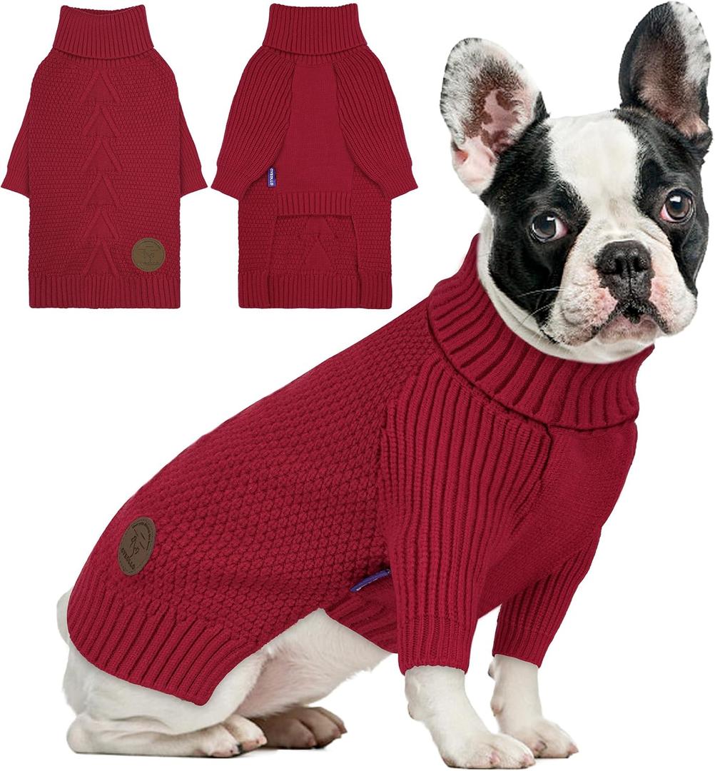 cyeollo Dog Sweater Warm Turtleneck Knitted Dog Christmas Sweaters with Long Sleeves Soft Winter Pet Clothes Sweaters for Dogs Girl (Large, Burgundy)
