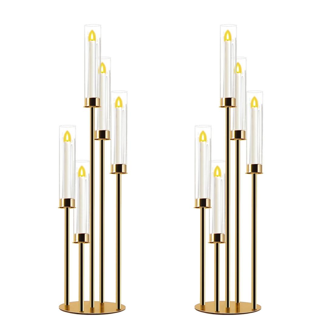 Gold Candelabra with Glass Cylinders for Real Candles 5 Arms Metal Candle Holder Wedding Event Party Home Decoration Centerpiece (2, M)