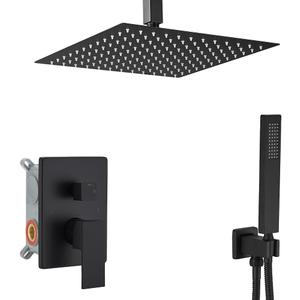 Ceiling Mounted Rain Shower Faucet Set, 16-Inch Ceiling Rainfall Shower Head with Handheld Spray Contain Rough-in Valve and Trim Included, Matte Black