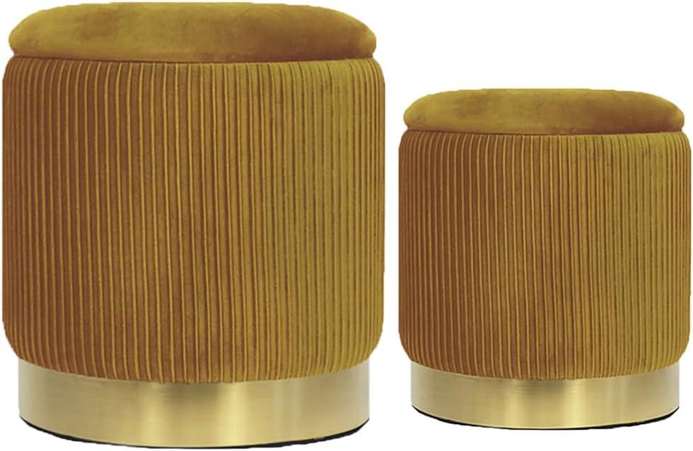 Round Ottoman with Storage, Yellow Velvet, Set of 2, 14.75"x14.75"x17.75" and 12.6"x12.6"x14.17"