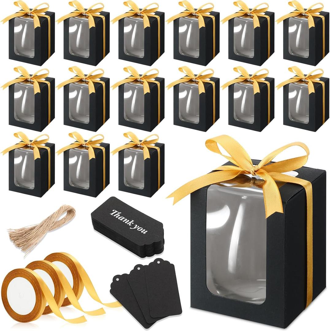 Fulmoon 50 Pack Gift Boxes for Wine Glass Transparent Gift 9 oz Stemless Glass Paper Packaging Box with Ribbon Tag Hemp Rope for Wedding Bridal Shower Baby Shower Birthday(Black)