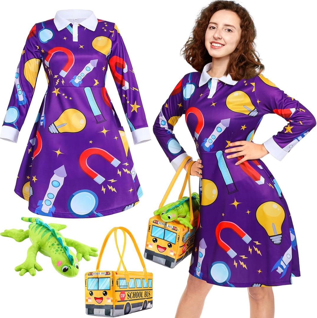 Ramede 3 Pcs Women Halloween Teacher Costume Set Vintage Long Sleeve Dress with School Bus Bag for Halloween Role Play Party (Large)