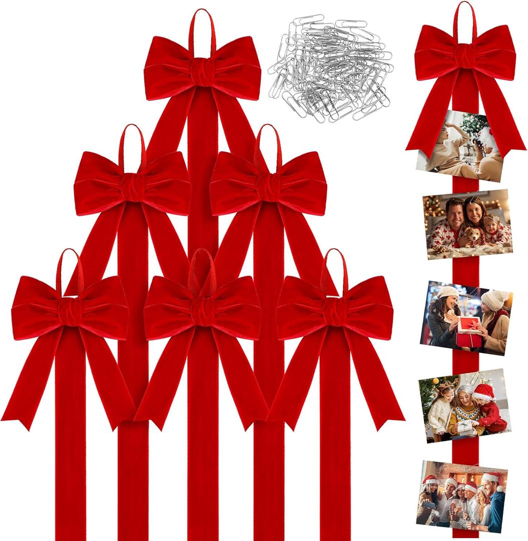 SmoothNovelty 6 Pcs Card Hanging Display Red Velvet Bow with 100 Paper Clips Wall Hanging Picture Photo Display Xmas Wall Door Window Home Decor