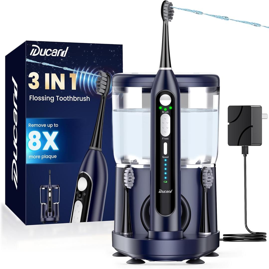 Electric Toothbrush with Water Flosser Combo: 3 in 1 Rechargeable Flossing Toothbrush for Adults, 3 Brush Modes & 5 Water Pressure, Portable&Whitening Dental Care, 500ML Cordless Brush Cleaning Kit (Deep Blue)
