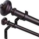 Bronze Double Curtain Rods for Windows 36 to 72 inch, Farmhouse Vintage Decorative 1 Inch Adjustable Dual Curtain Rod, Heavy Duty Boho Rustic Double Drapery Pole with Brown Grain Finials
