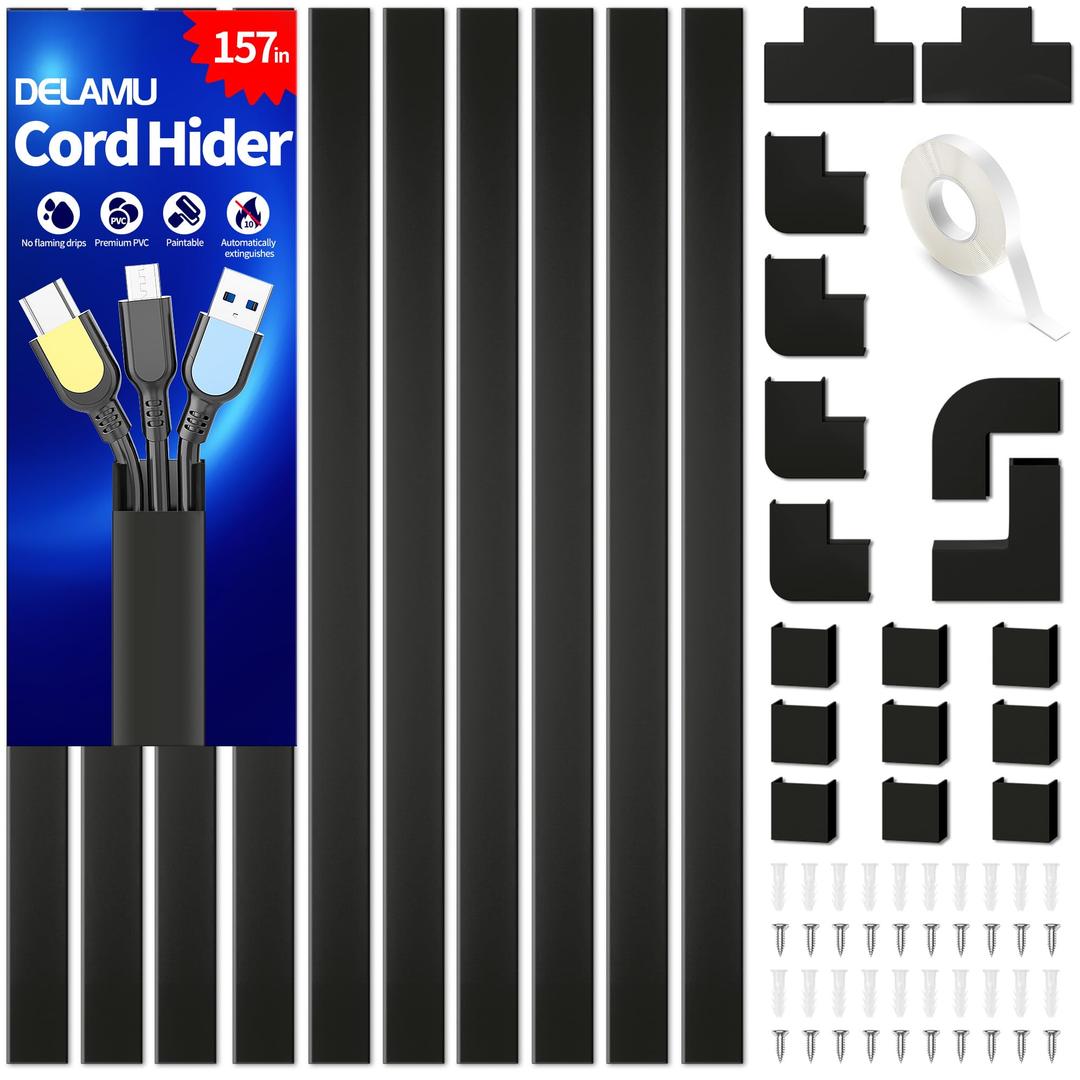 Cable Hider, 157in Delamu Cord Hider Wall for Wall Mounted TV, Wire Hider Kit, Paintable Cable Concealer Raceway Management for Home & Office, 10XL15.7 W0.95 H0.55in, Black