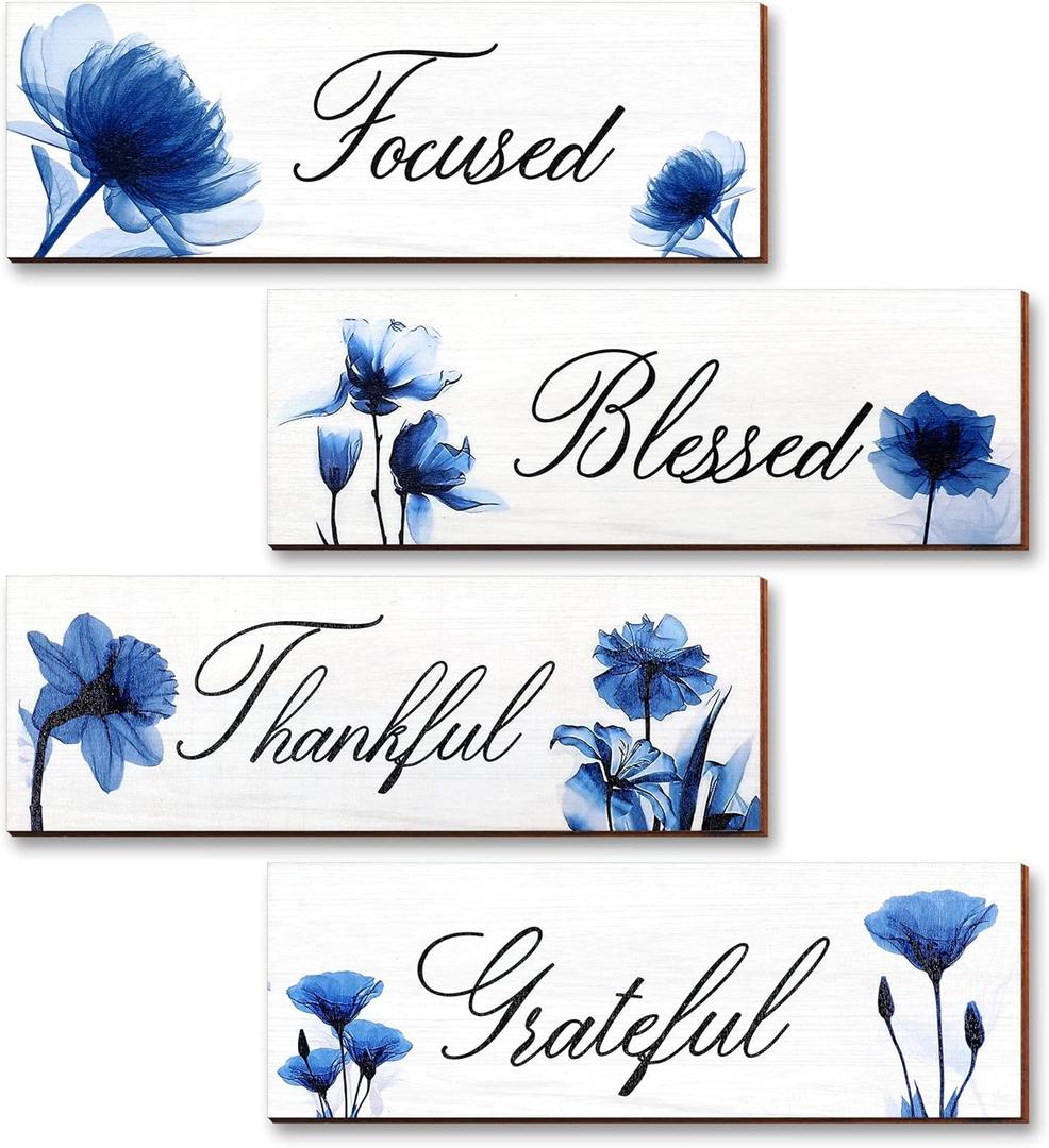 MONKLE Blue Wall Decor for Living Room 4 Pieces - Focused Grateful Blessed Thankful Wood Signs, Flowers Art Decor Wooden Hanging Plaques, Floral Art Decorations for Home Kitchen