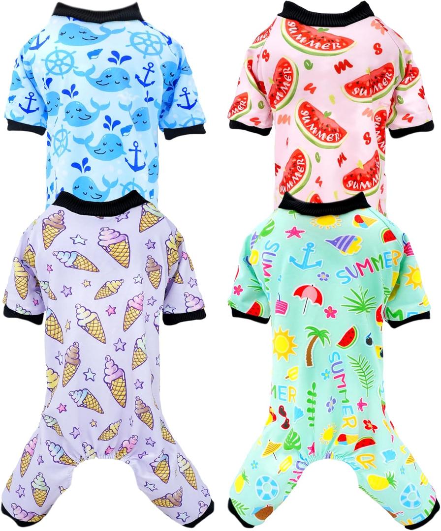 PET SHOW Pack of 4 Small Dog Pajamas Watermelon Doggies Soft Stretchy PJs Whale Ice Cream Jumpsuit Puppy Cats Girl Boy Floral Onesies Outfits with Sleeve Pets Breathable Summer Dog Clothes Costume S