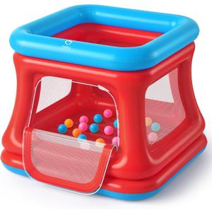 QPAU 3-in-1 Inflatable Bounce House for Toddlers 1-3, Ball Pit & Trampoline, Inflatable Bouncy House with Safety Net, Indoor & Outdoor Bubble Bouncer (Blue & Red)