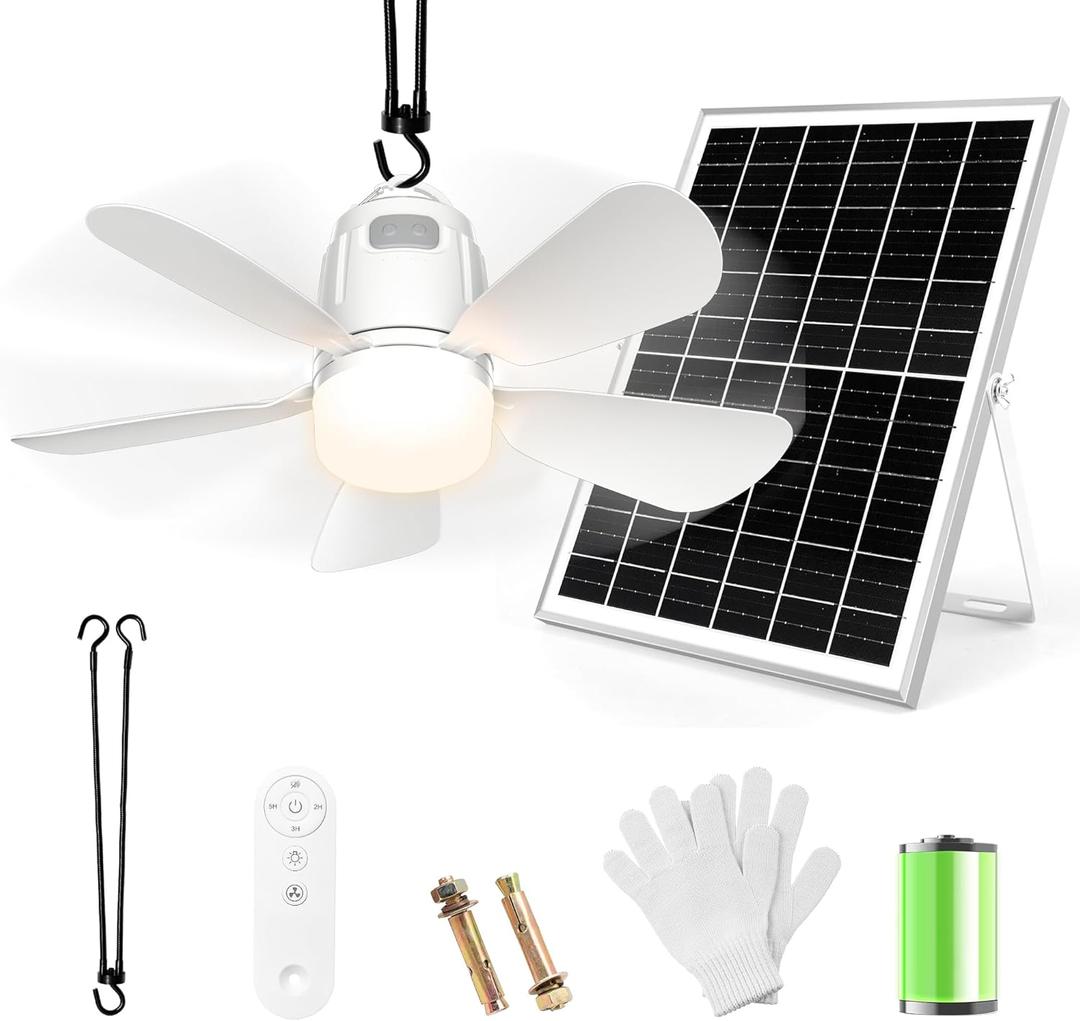 Solar Ceiling Fan Light, 20000mAh Portable Gazebo fan with 30W Solar Powered Fan with Remote Control, Outdoor Ceiling Fan with Light for Patios, Canopy, Shed, RV, Porch and Chicken Coop (White)