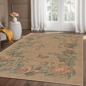 Lahome Floral Easy Jute Indoor Outdoor 5x7 Neutral Dining Room Classroom Rugs Washable Area Mat for Living Room, Farmhouse Outdoor Patio Rug Non Slip Floor Carpet for Bedroom Office