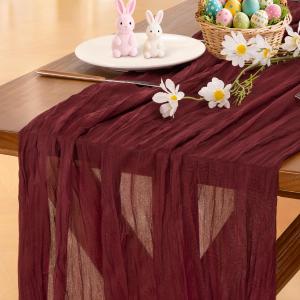 Socomi 2pcs Burgundy Red Valentine's Day Cheesecloth Table Runner Boho Rustic Gauze 120 inch 10FT Cheese Cloth Runner for Wedding Party Baby Shower Birthday Home Decor Holiday Decorations