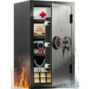 2026 35-Min 1700F Fire Proof Safe for Home Documents, 23.7" Tall 43Lbs Fireproof Safe Box, Alarm System, LED Light, Wall Mount Fire Safe for Closet Bedroom, Safes for Home Use Fire Waterproof