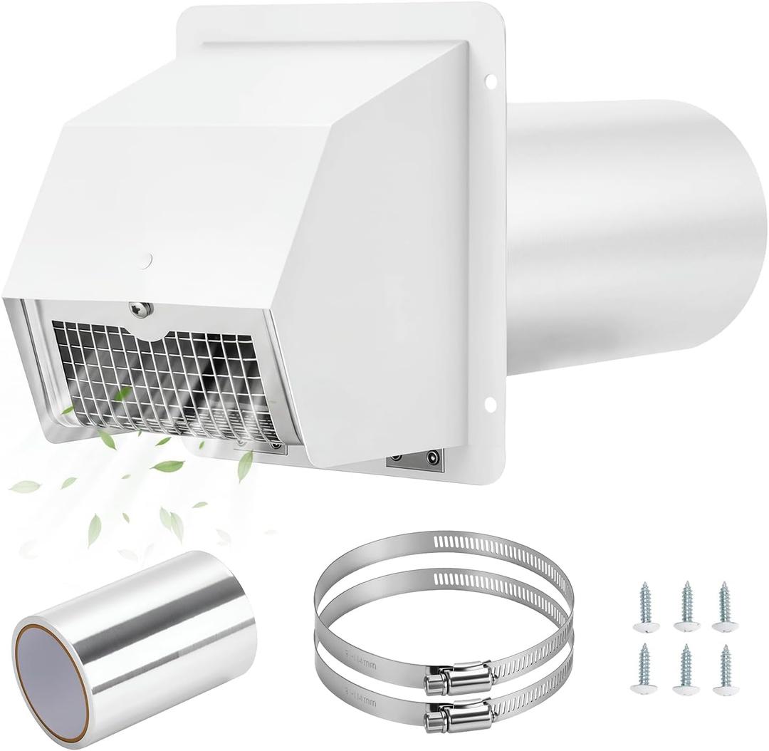 4 Inch Dryer Vent Cover Outdoor Kit, Stainless Steel Hooded Exterior Wall Exhaust Vent with Screen and Damper, Includes Clamps, Foil Tape and Screws, White