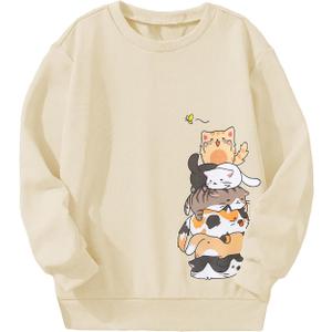 RoseSeek Girl's Cartoon Graphic Long Sleeve Crewneck Sweatshirts Drop Shoulder Cute Pullover Tops T Shirt (L)