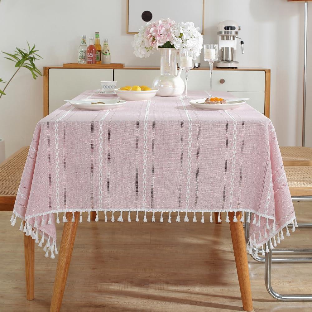 meioro Pink Rustic Table Cloth, Rectangle Textured Cotton Linen Fabric Tablecloth with Tassel, Valentines Day Farmhouse Table Cover Embroidery Stripe Tablecloths for Kitchen Dinning Party, 55" X 120"