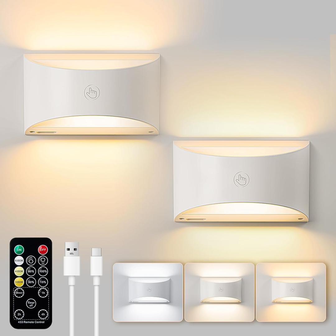 Brightown Battery Powered Wall Sconces Set of Two, Rechargeable Magnetic Wall Sconce 3 Colors Wireless Up and Down Wall Mount Light for Hallway Bedroom Bedside Living Room(White)