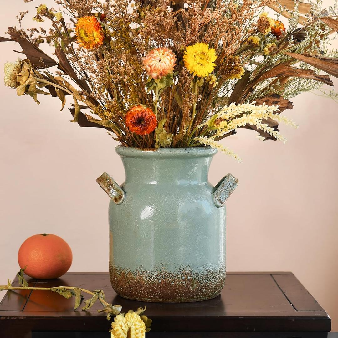 Quoowiit Ceramic Rustic Farmhouse Vase, Distressed Decorative Flower Vases for Home Decor, Ideal Shelf Decor, Green Boho Vase for Living Room Bedroom Kitchen Office Centerpiece Table Decorations (8 Inch-green)