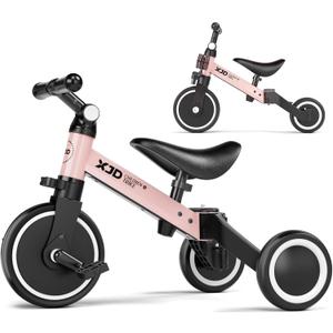 XJD 5 in 1 Toddler Bike, Tricycle for Toddlers 1-3 with Adjustable Seat Height, Removable Pedals, Ideal Balance Bike Birthday Gifts and Toys for Boys and Girls (Pink)