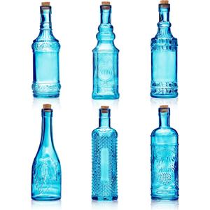 Assorted Blue Glass Bottles with Corks, 6 Pack, 2.5in X 9in, 16oz