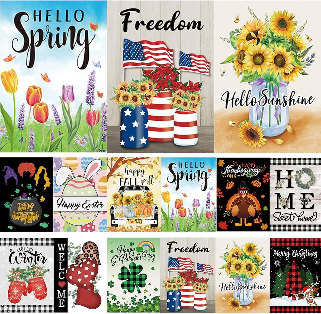 Pating Seasonal Garden Flags Set of 12 Double Sided 12 x 18 Inch, Small Yard Flags for Outside, Christmas Halloween Easter Valentine's Day Outdoor Decor, Holiday Garden Decorations for All Seasons