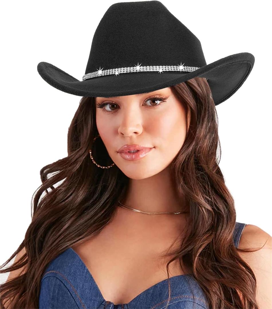 Women-Rhinestone-Western-Cowboy-Hats - Vintage-Wide-Brim-Cowgirls-Hat Bling-Diamond-Hat for Disco Music Party M/L