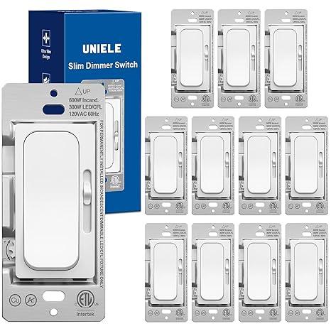 (12 Pack) UNIELE Ultra Slim Dimmer Switch SinglePole/3 Way for 300W Dimmable LED/CFL Lights and 600W Incandescent/Halogen, 15A/120V/60Hz, ETL Listed, White