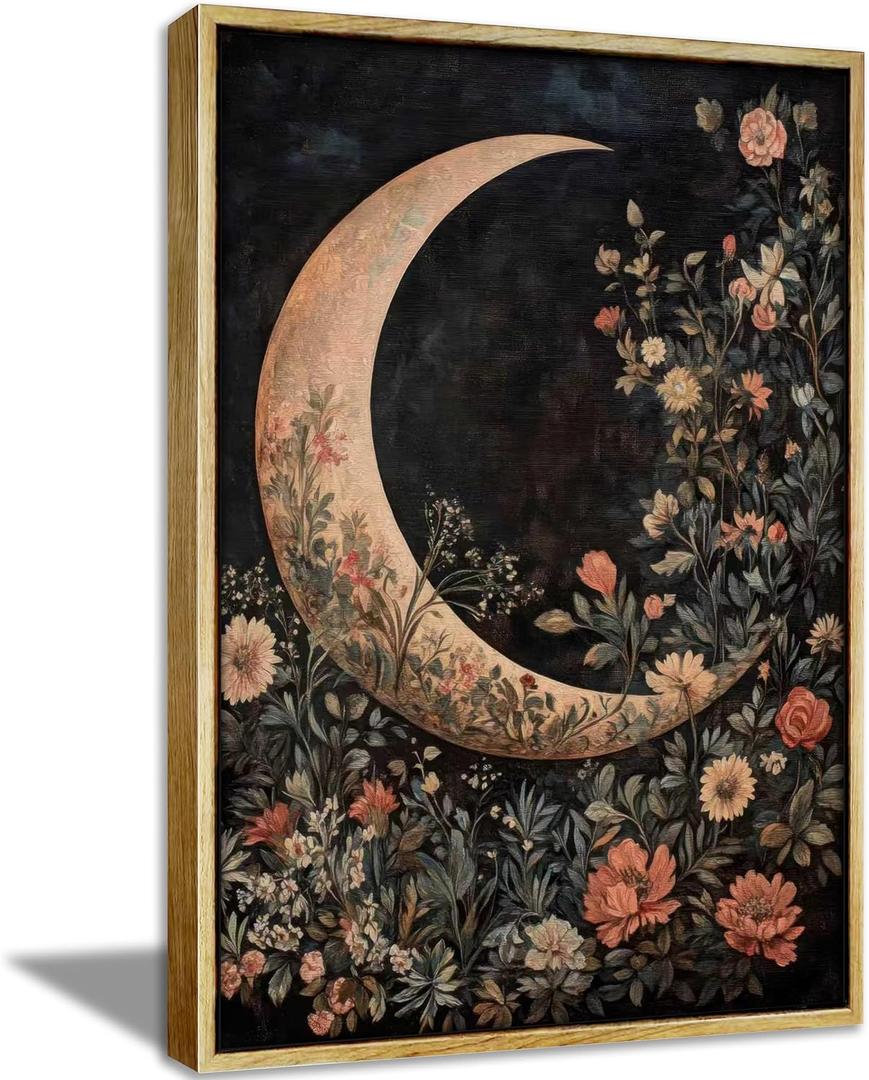 Framed Vintage Floral and Moon Wall Art Dark Academia Botanical Flower Picture Wall Decor Gothic Mystical Celestial Painting Canvas Prints Moody Crescent CottageCore Artwork for Living Room Bedroom, 24"L x 16"W