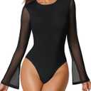 Avidlove Women's Bell Long Sleeve Bodysuits Thong Crew Neck Mesh Body Suit Going Out Leotard Tops (Large, Black)