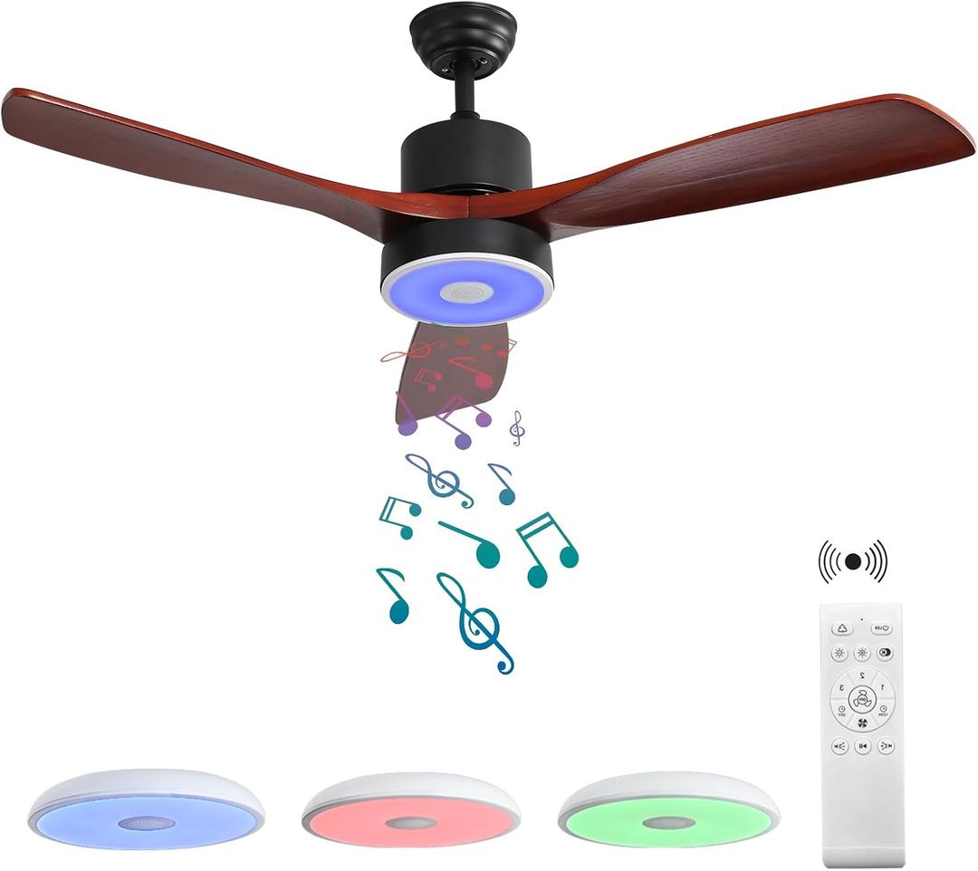 ASALL 52 Inch Wood Ceiling Fan with RGB Dimming LED Light,with Music Bluetooth Speaker,Remote Control,3-Speed Regulation, Reversible Motor,Timing,for Living Room,Bedroom,Restaurant,Outdoor