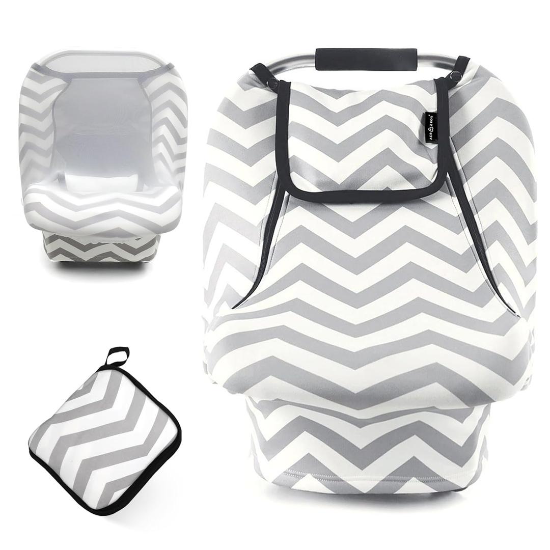 ACRABROS Car Seat Covers for Babies,All Season Infant Carseat Cover Canopy for Boys and Girls,Stretchy Adjustable Peeping Window with Mesh Cover,Warm Breathable Universal, Grey White Chevron