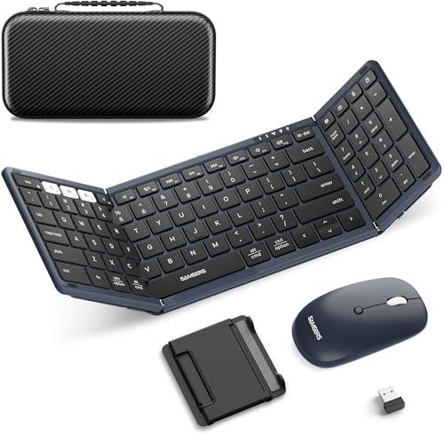 Foldable Keyboard and Mouse, Samsers Folding Bluetooth Keyboard Combo, 2.4G + BT5.0 x 2, Full-Size Portable Travel Keyboard & Rechargeable Wireless Mouse for Windows Android iOS Mac OS, Midnight