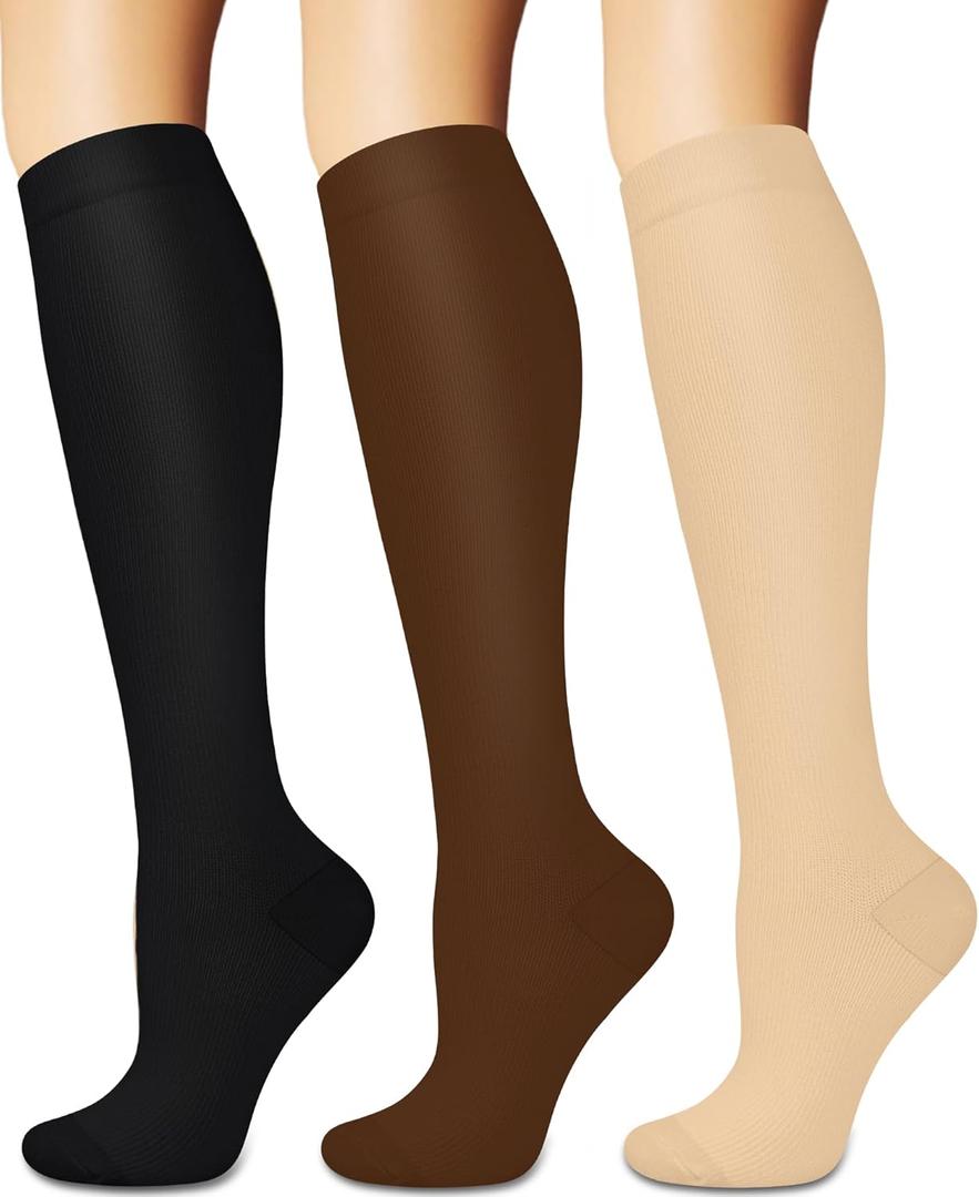 Compression Socks for Women and Men Circulation (3 Pairs) is Best Support for Running Athletic Cycling Hiking (Large-X-Large, Black/Brown/Nude)