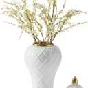 Ginger Jars for Home Decor, White and Gold Vase, Decorative Ceramic Ginger jar with lid, Porcelain Flower Vase for Centerpieces Jarrones, Storage jar, Table Center Vase, Temple Jar(14in)