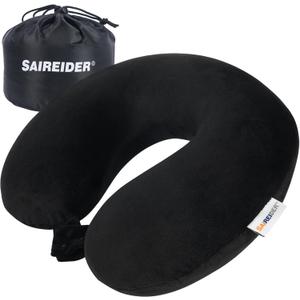 SAIREIDER Travel Pillow 100% Pure Memory Foam Travel Neck Pillow with Storage Bag, Airplane Pillow for TravelingCarHomeOfficeWashable CoverBlack