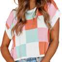 Womens Cap Sleeve Summer Tops Crop Checkered Y2K Outfits Cute Preppy Clothes Loose Fit Lightweight Short Sleeve Sweater (XL)