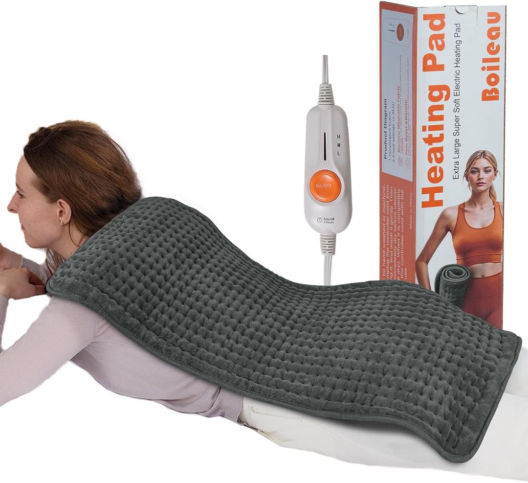 Boileau Electric Heating Pad for Back Pain and Period Cramps Relief, 17"x33" Extra Large XXXL, 3 Heating Levels Heat Pad with 2-Hour Auto Shut Off, Gifts for Women and Mom, Grey