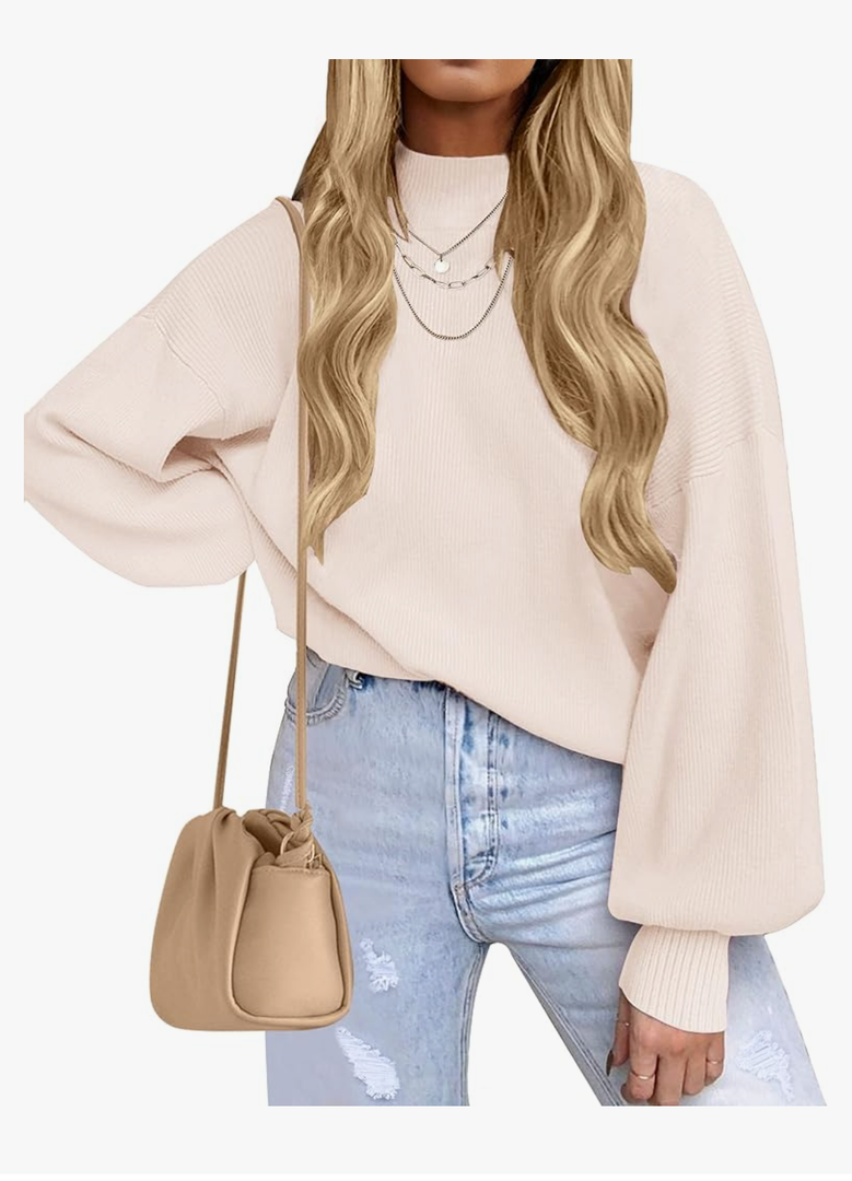 ZESICA Women's Casual Turtleneck Long Lantern Sleeve Oversized Ribbed Knit Pullover Sweater Jumper Top Size S Beige
