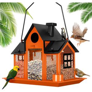 Solar Bird Feeders House for Outside Hanging, Metal Wild Bird Feeder for Outdoors Large Capacity Cardinal Birdfeeder Birdhouses Metal Bird Feeding Station Orange