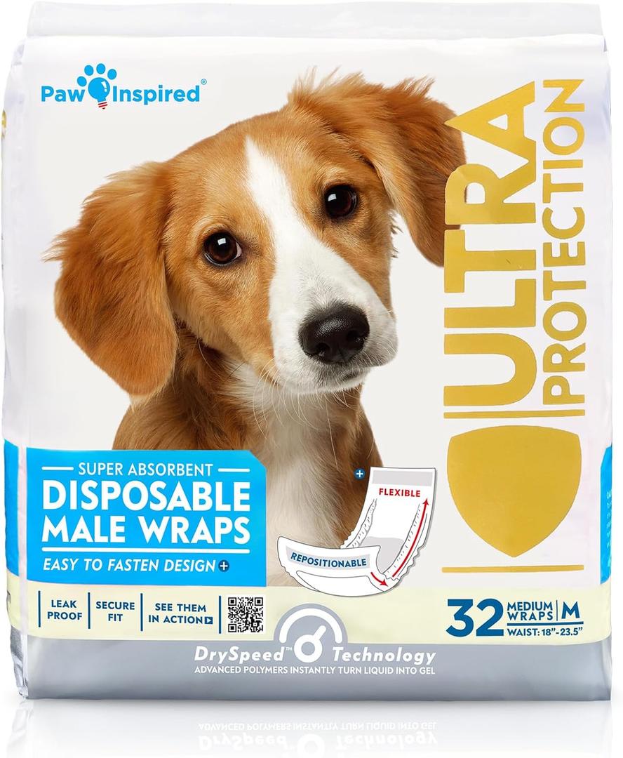 Paw Inspired Male Dog Wraps, Disposable Dog Diapers | Belly Bands for Small, Medium, Large Dogs (32 Count, Size Medium)
