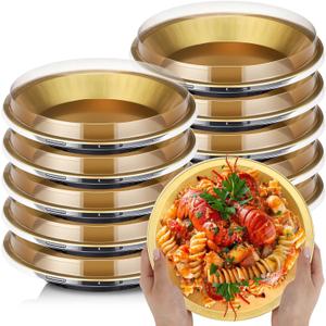10 Pack 9 Inch Heavy Duty Aluminum Pie Tins Bulk with Lid, Oven and Freezer Safe Disposable Pie Pizza Pan Dessert Baking Cups Ideal for Restaurants Party Favors (Black,Gold)