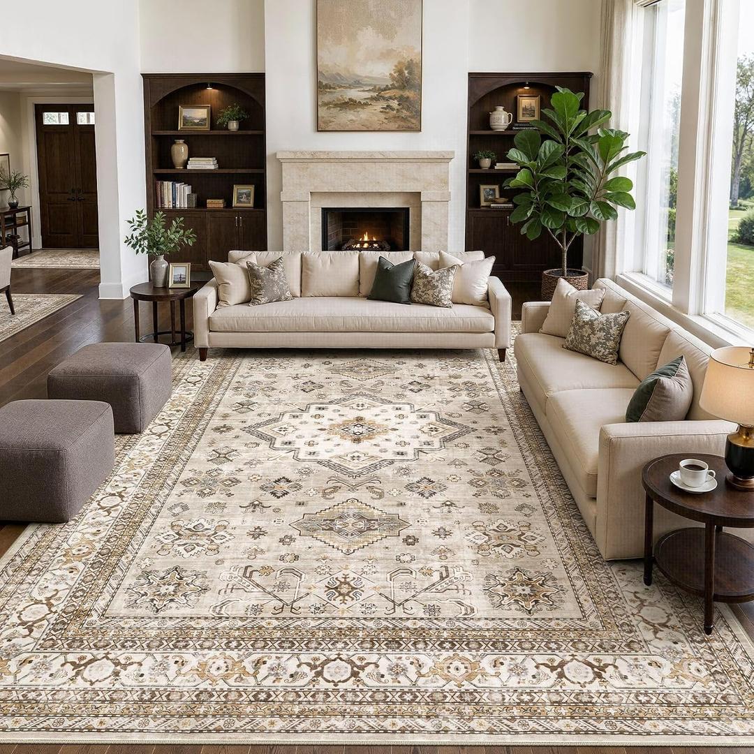 10x12 Area Rug for Living Room, Washable, Traditional, Beige