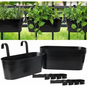 vensovo 16 Inch Railing Planter for Outdoor Plants - 5 Pack Large Metal Balcony Hanging Planters with Detachable Hooks and Drain Holes Oval Box Rail Pots for Home Garden Fence, Black