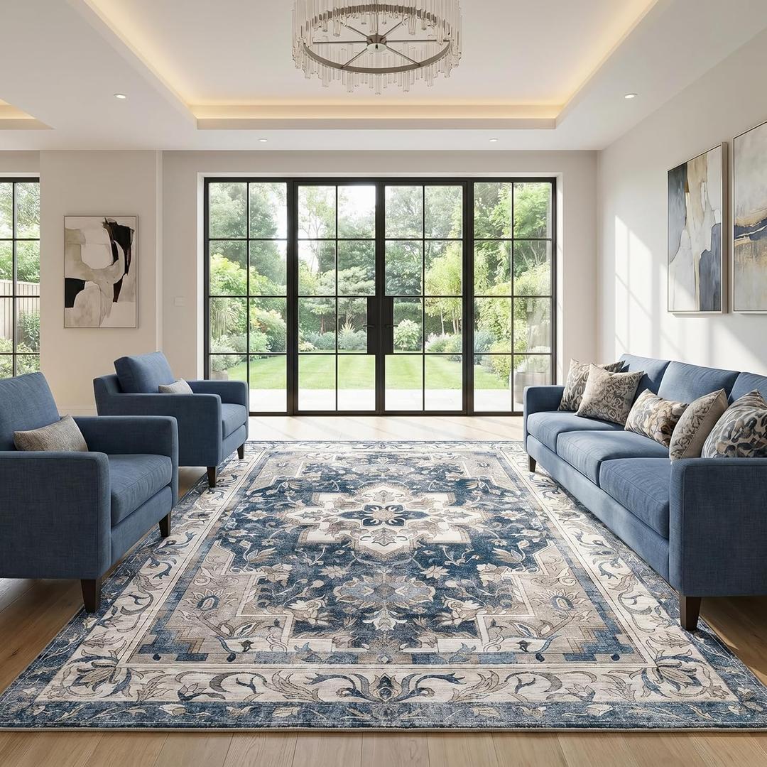 8'x10' Area Rugs, Washable Non-Slip Rug Vintage Floral Distress Printed, Low Pile Farmhouse Indoor Carpet for Living Room Bedroom Dining Room - Water-Resistant & Breathable, Blue & Gray