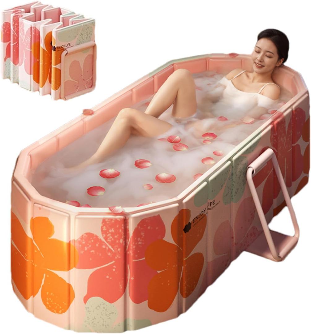 Genrenyen Portable Bathtub for Adult 47" Large Foldable No Installation Bath Tub for Shower Stall, Bathroom Hot SPA Soaking Standing Tub, Collapsible Plunge Bathtub (Pink, 47.2"21.6"19.6")