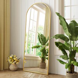 FANYUSHOW Arched Full Length Mirror, 65"x24" Arch Floor Mirror with Aluminum Alloy Frame, Hanging or Leaning Against Wall, Full Body Mirror, Bathroom Mirror for Living Room or Bedroom, Gold (65"L x 23.6"W, Arch-gold)