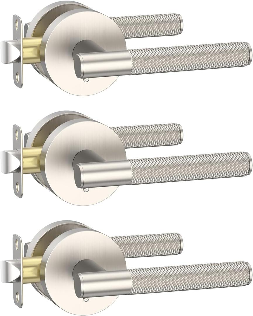 3 x Amerdeco 3 Pack Brushed Satin Nickel Door Handles Interior, Knurled Privacy Door Handles,Heavy Duty Black Door Lever for Bedroom or Bathroom,Reversible Keyless for Left Right Handed Doors AM0016